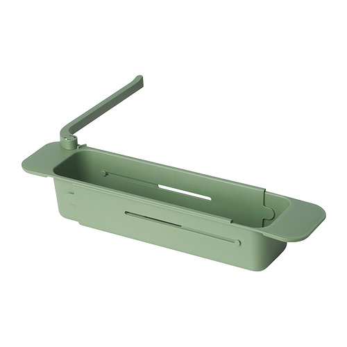 Organizador verde para fregadero SKOLÄST: ajustable, tiene ganchos, drena el agua.