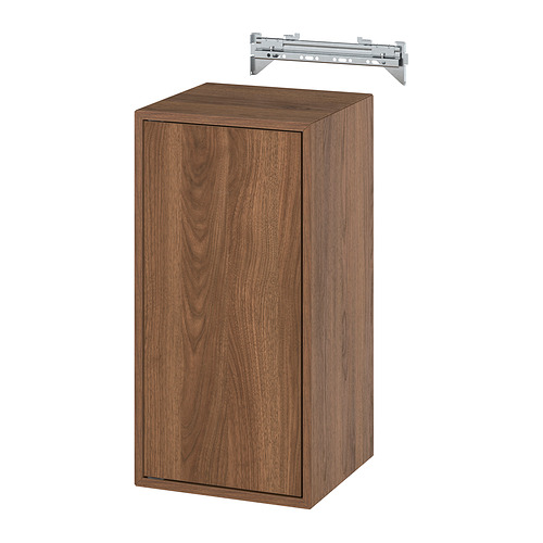 Un armario de madera marrón EKET con una sola puerta y una barra de suspensión metálica.