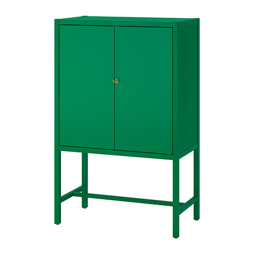 Gabinete verde STOCKHOLM 2025. Metálica, rectangular, con dos puertas y cerradura de llave de latón.