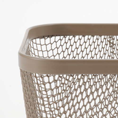 Cesta de almacenaje rectangular de malla, beige. Diseño robusto y abierto para ventilación y visibilidad.
