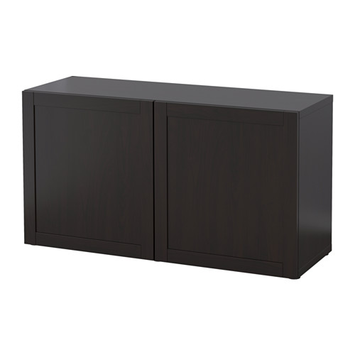 Mueble de almacenaje BESTÅ negro, rectangular, con dos compartimentos ocultos, acabado brillante.