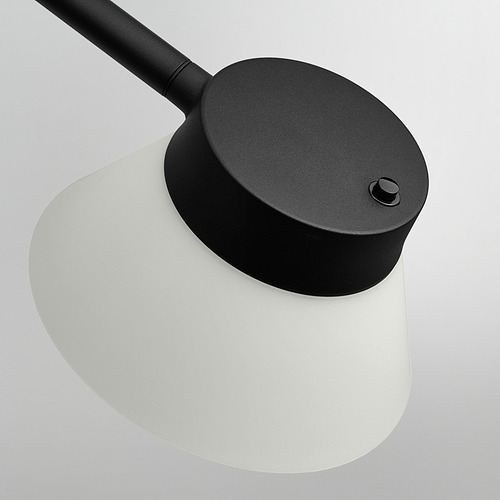 Lámpara de pie negra ajustable con pantalla blanca esmerilado, con cuello flexible para una dirección de iluminación precisa.