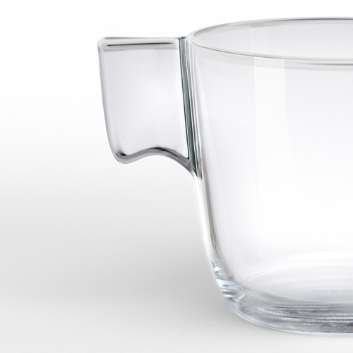 Taza de vidrio transparente con asa curva y resistente. Templado para mayor durabilidad y resistencia al calor.