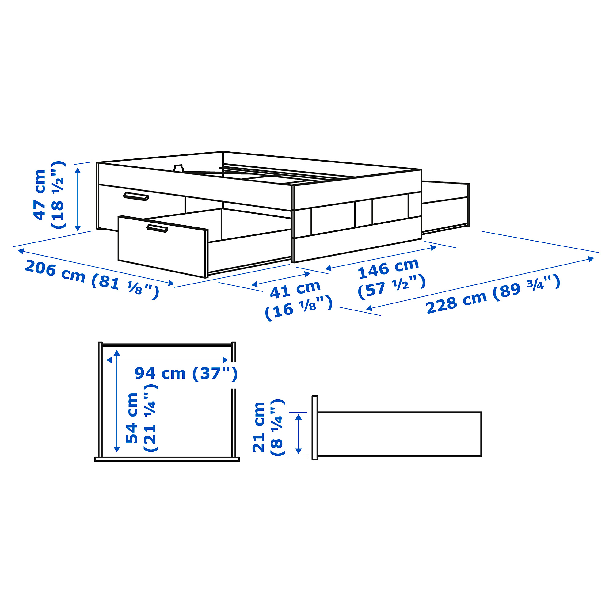 Measurement Illustration - BRIMNES bed with storage