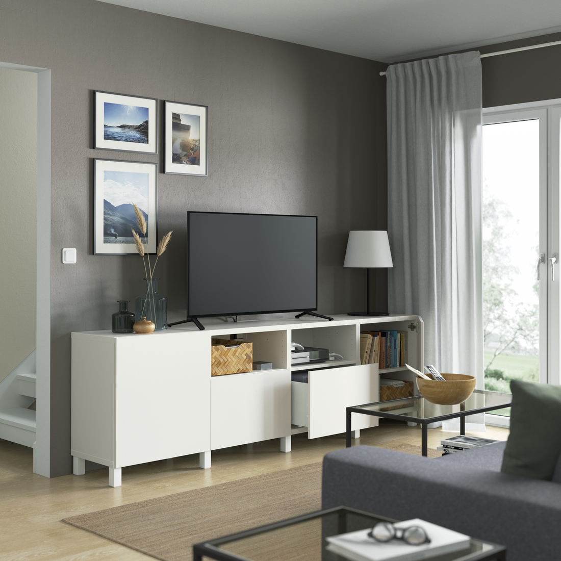 BESTÅ, mueble TV con riel para cajón con apertura a presión. 2 de 7 abrir diálogo