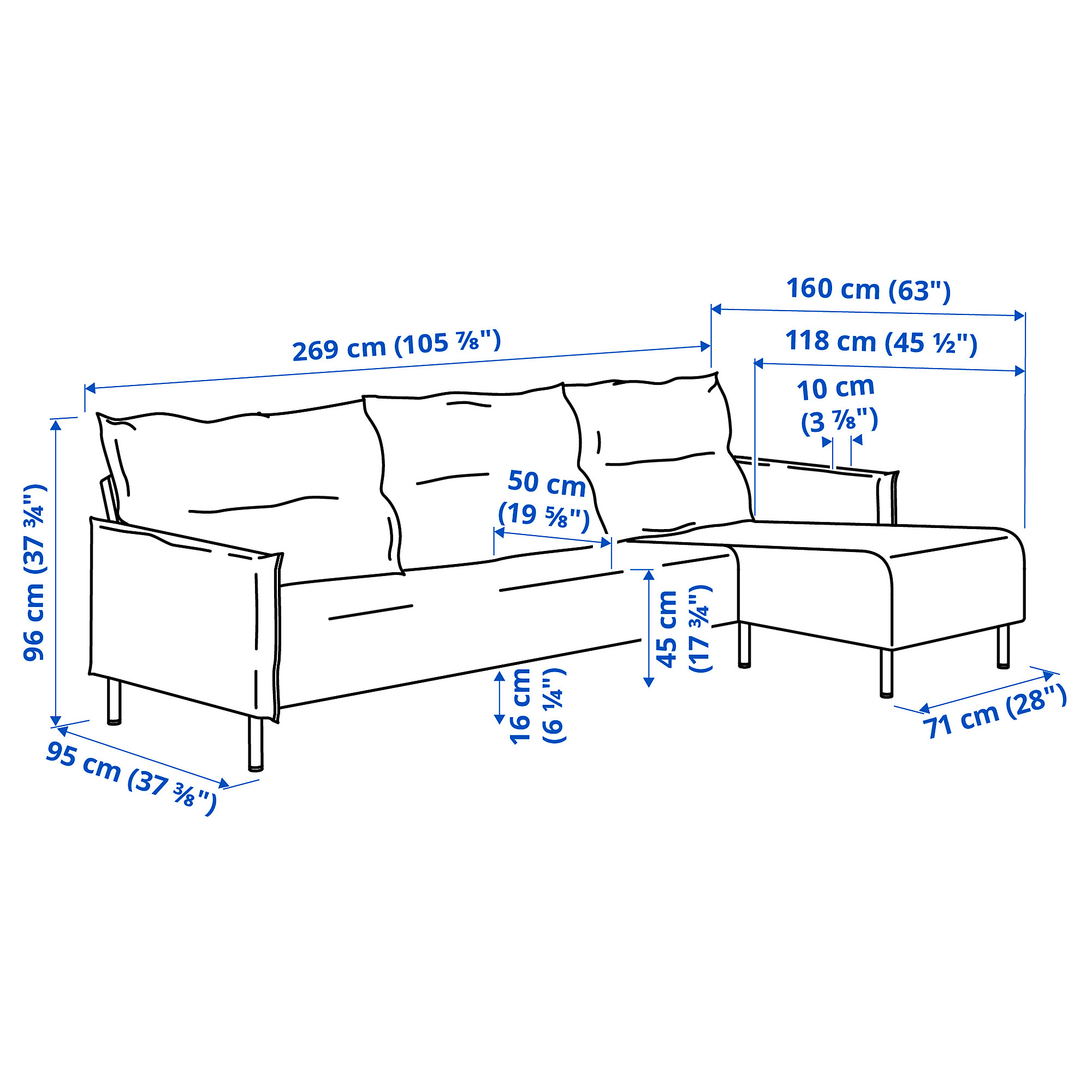Ilustración de medidas - MANNARP sofá de 4 plazas con chaiselongue