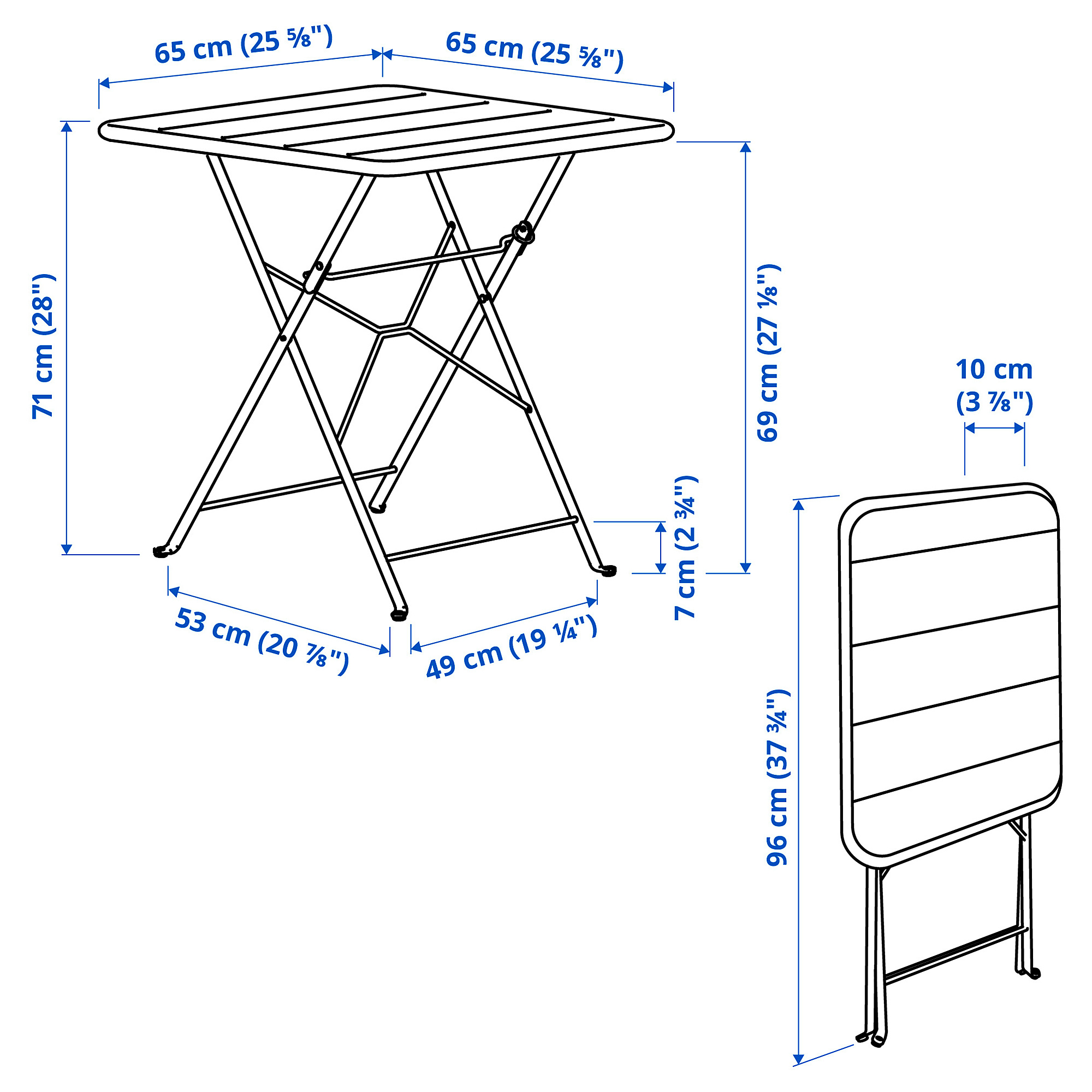 Ilustración de medidas - SUNDSÖ mesa con 2 sillas plegables de exterior