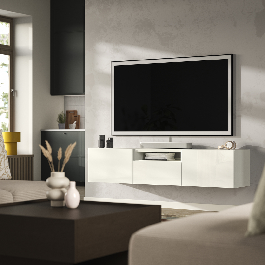 BESTÅ, mueble para TV con riel para cajón apertura a presión. 2 de 6 abrir diálogo