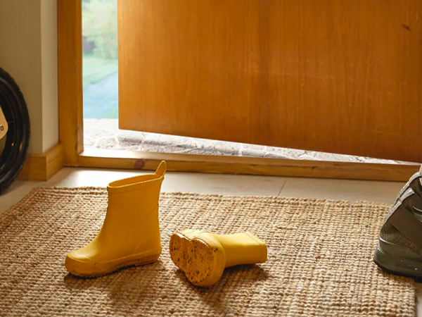 Yellow rain boots on a woven jute doormat by an open wooden door.