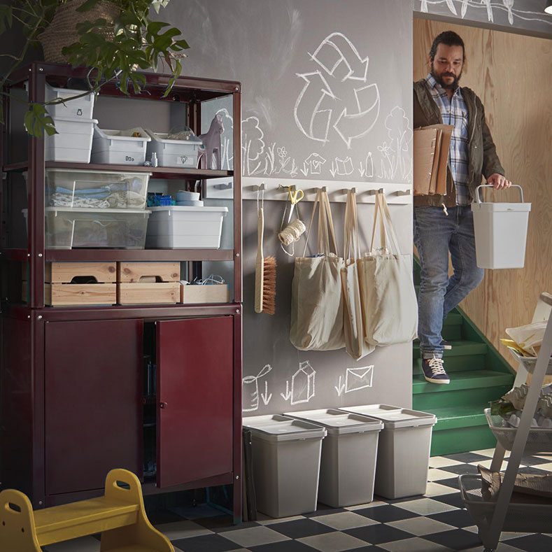 Several HÅLLBAR and KNODD waste sorting bins, plus SOCKERBIT storage boxes