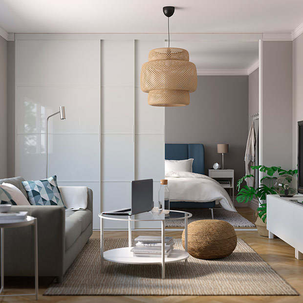 Dormitorio y sala separado por puertas SKYTTA