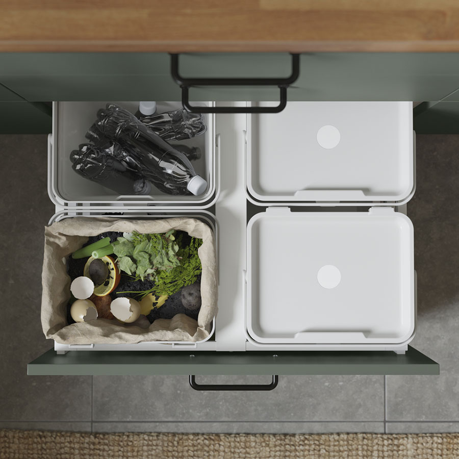 Several HÅLLBAR waste sorting bins and recycling frame