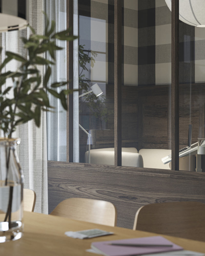An upgraded office with a chat box, featuring a white MITTZON laptop table and a beige LILLEHEM armchair.