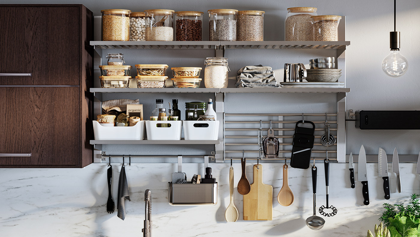 Organized kitchen with shelves full of jars and utensils, dark wood cabinets. Functional and neat atmosphere.