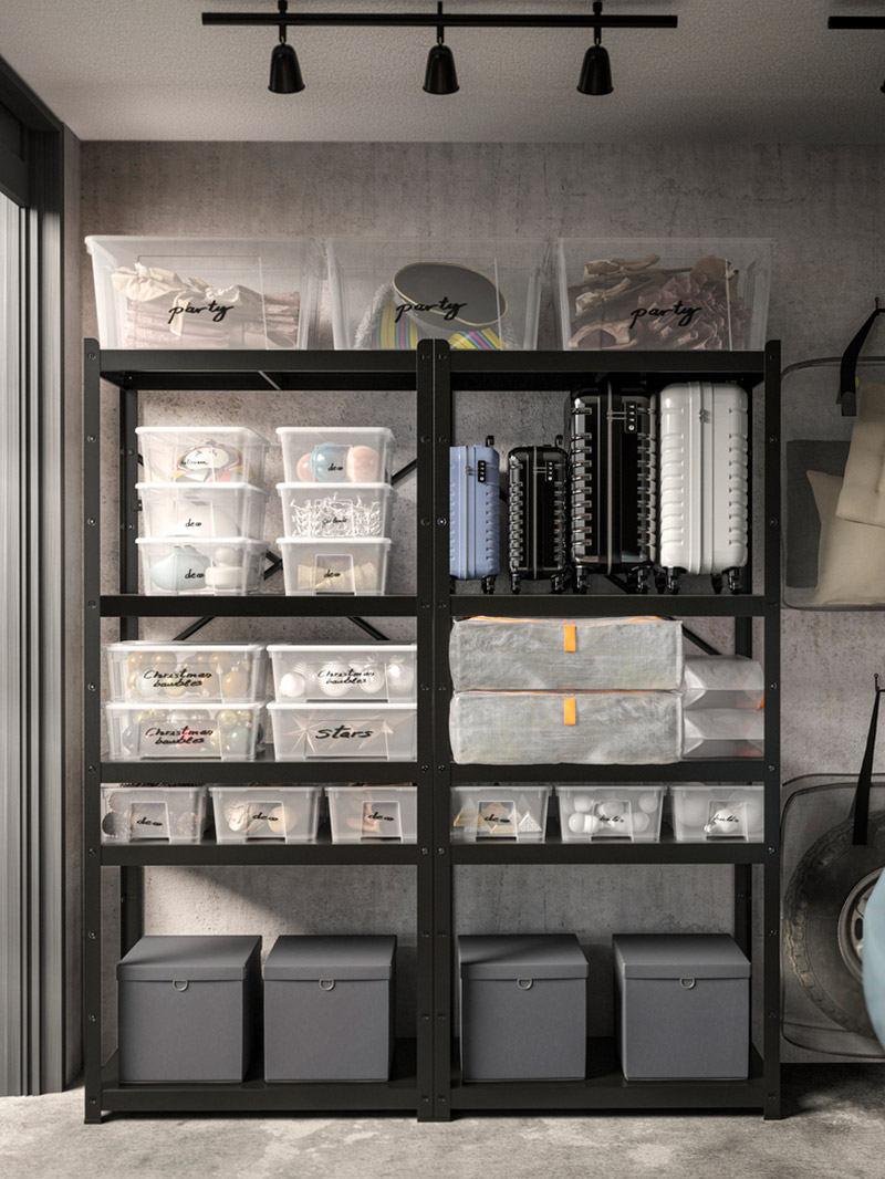 shelving with boxes and storage