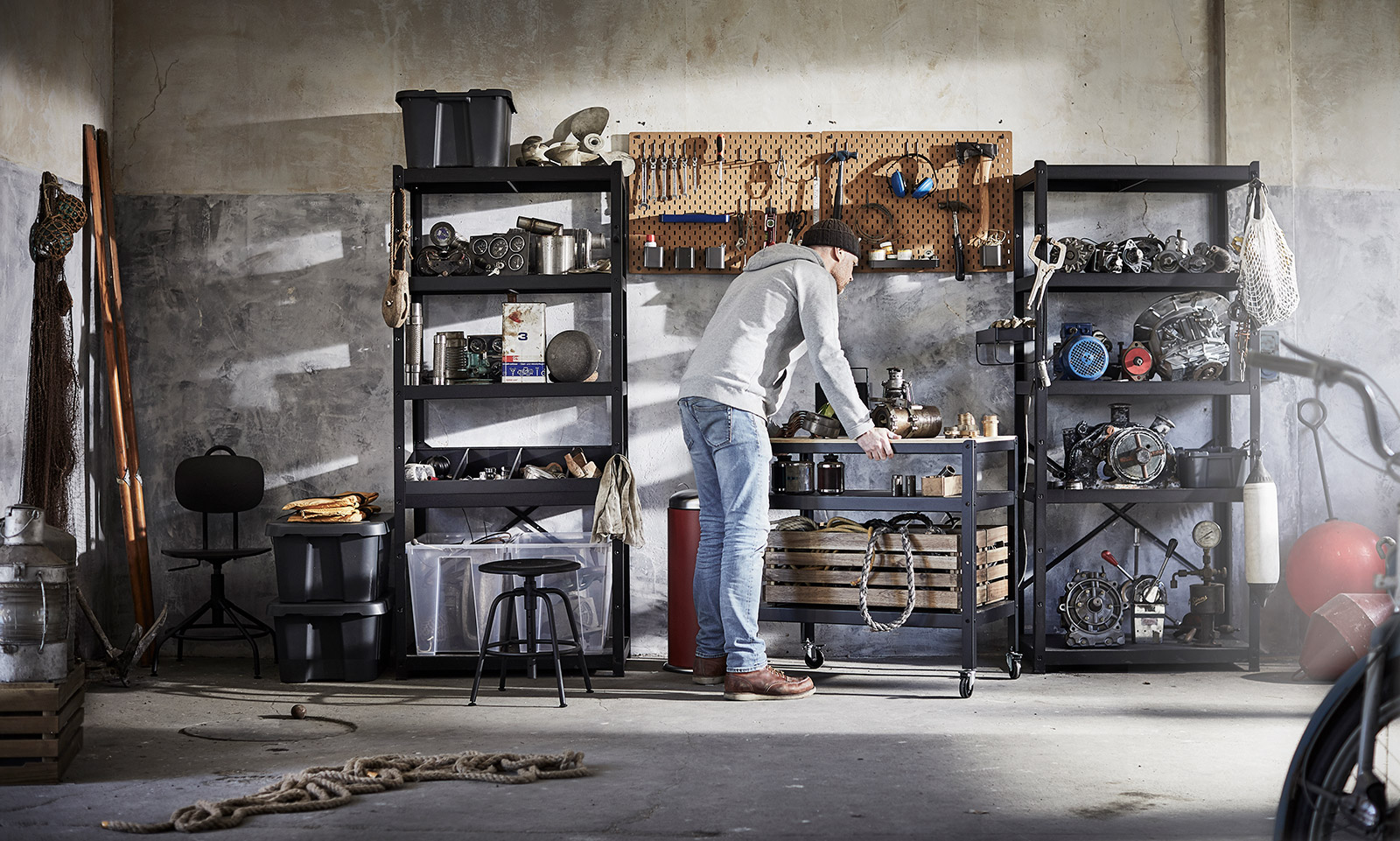 Garage with shelving and tools