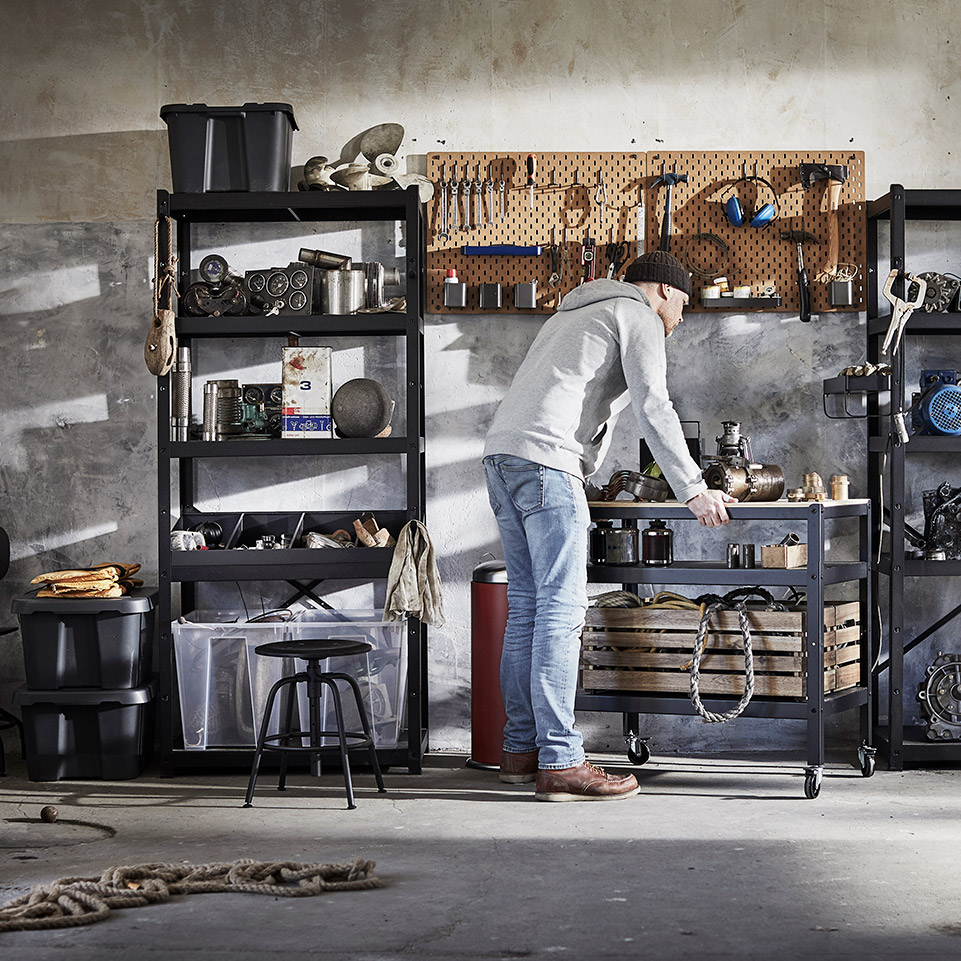 Garage with shelving and tools