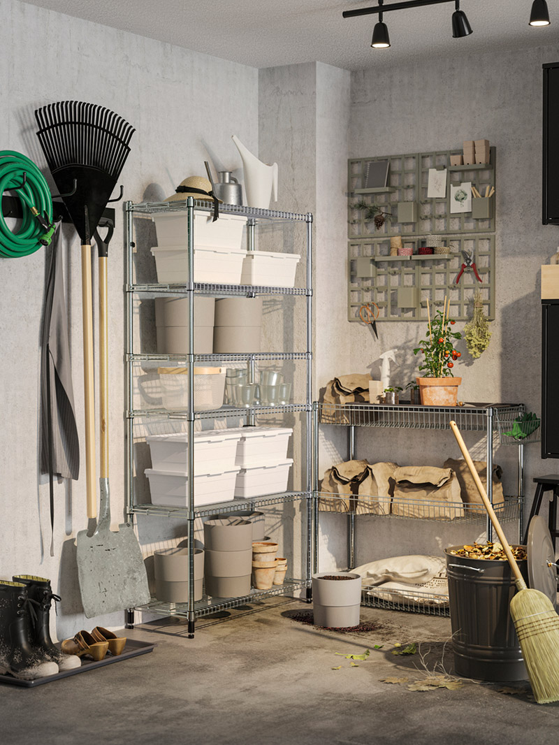  shelving with boxes and storage