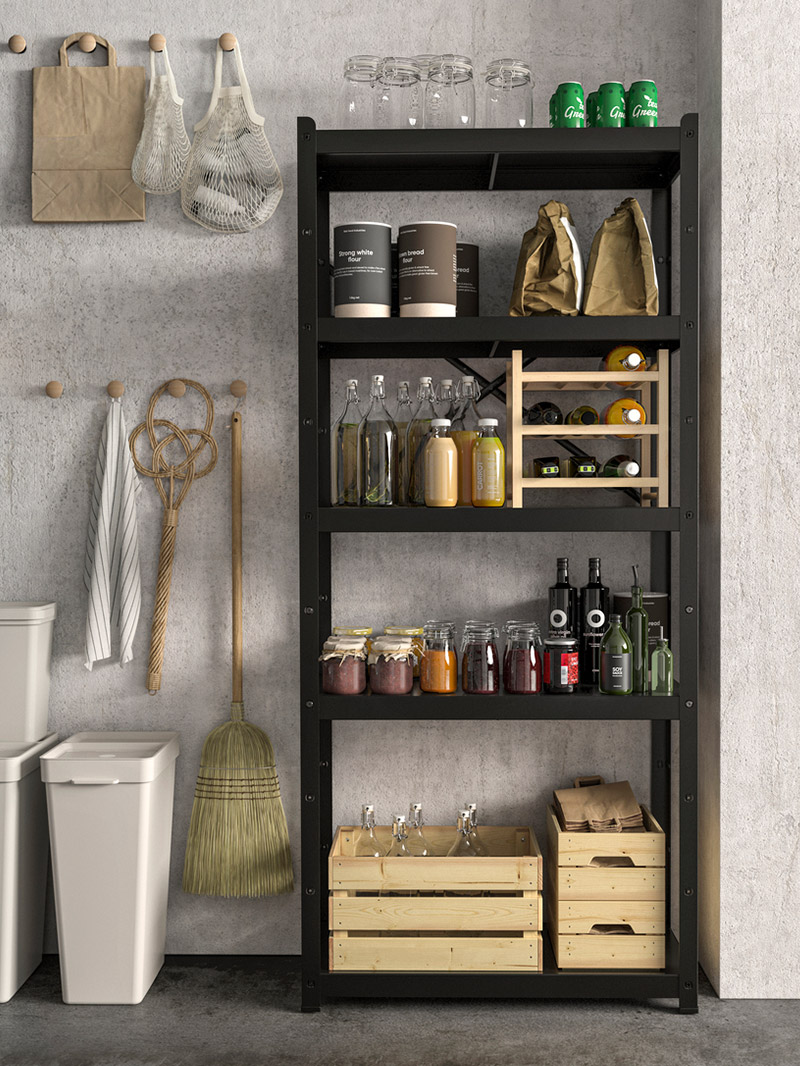  shelving with boxes and storage