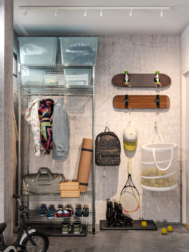  shelving with boxes and storage