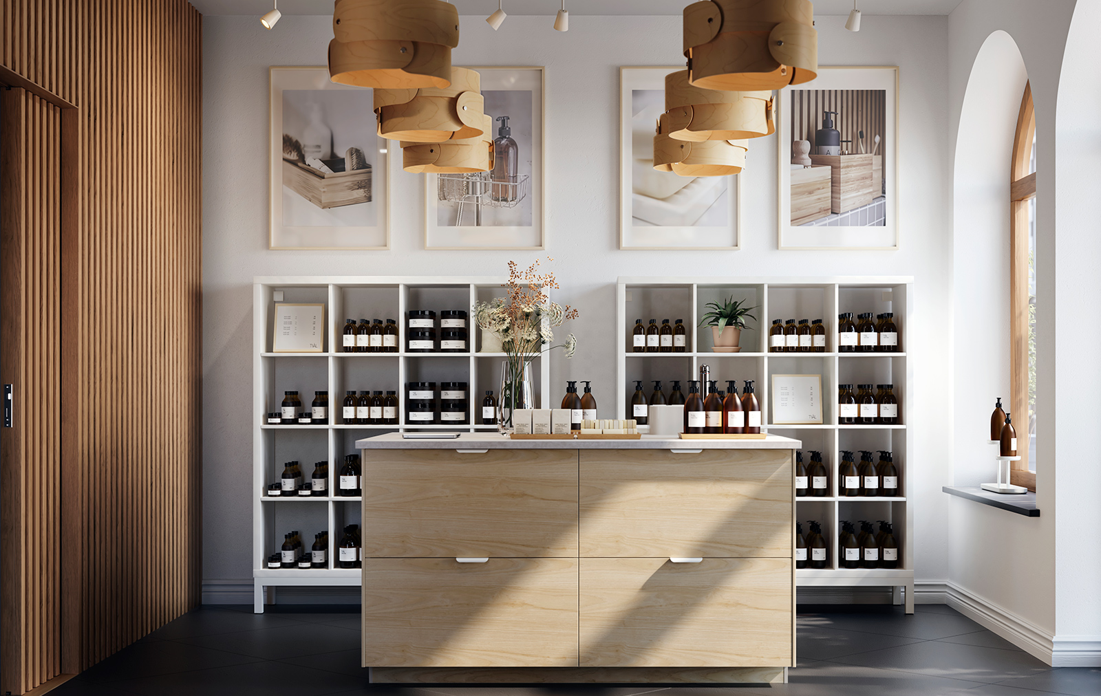 Ambiente de Spa en un estilo moderno elegante sofisticado, al fondo hay un moderno mueble abierto lleno de botellas encima de unas fotos que muestran los servicios que prestan, un gran ventanal, un mostrador tipo isla estilo moderno de madera.