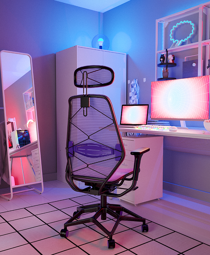 Setup gamer: silla de malla negra, escritorio blanco, dos monitores rosados, luces de neón (burbuja de diálogo) y bombilla en armario.