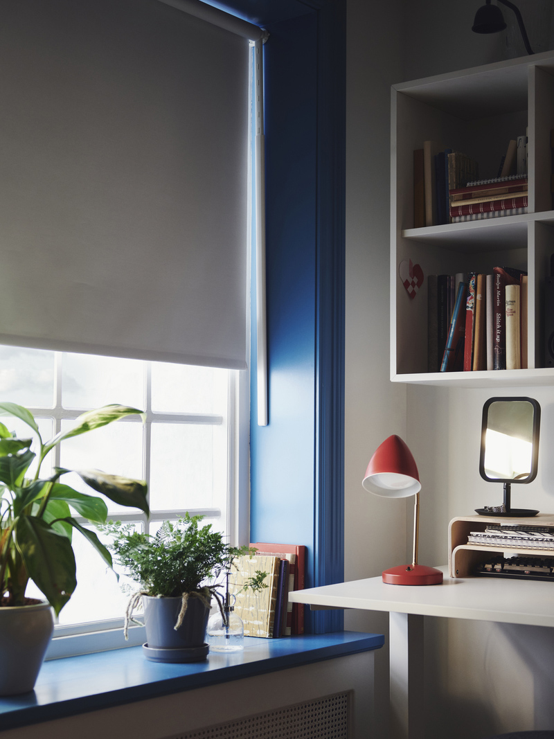 Study area with white desk, red lamp, bookshelf, and plants next to a blue-framed window.