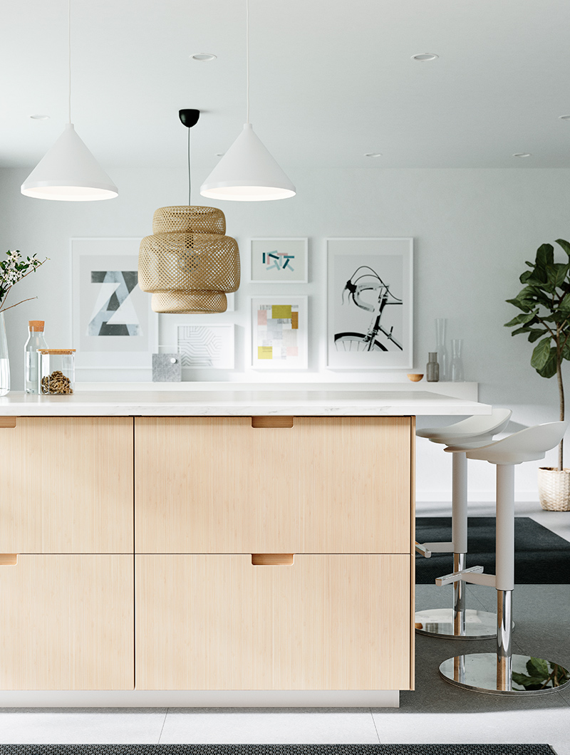 isla de cocina con puertas bajas de pino claro, con dos sillas altas en color blanco estilo moderno elegante