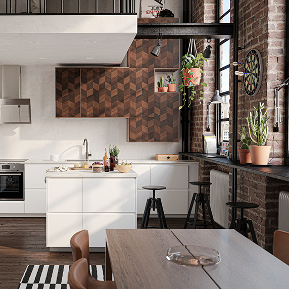 isla de cocina vista desde la esquina de un comedor, estilo moderno luminoso con paredes de cocina rústica