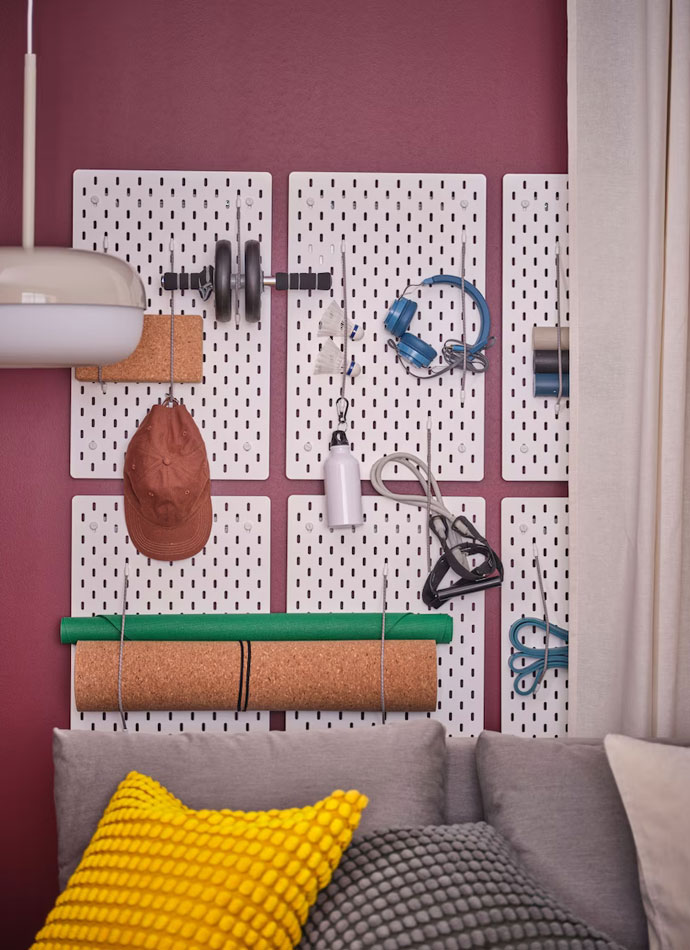 Pegboards and sofa with cushions