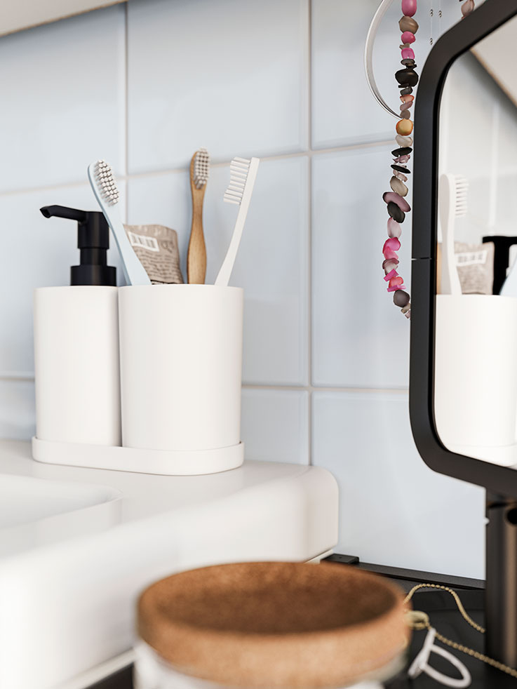 STORAVAN bathroom set, SAXBORGA lidded jars, and LINDBYN mirror.