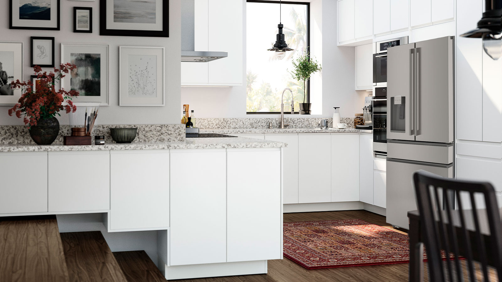 Bright white kitchen with modern cabinets, granite counters, art wall, and red rug.