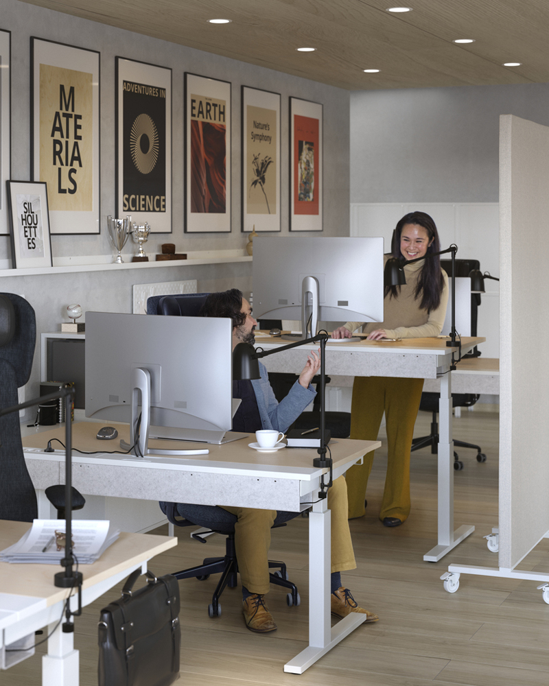 A modern office with two desks and monitors and modern computers and a person on what looks like a video call.