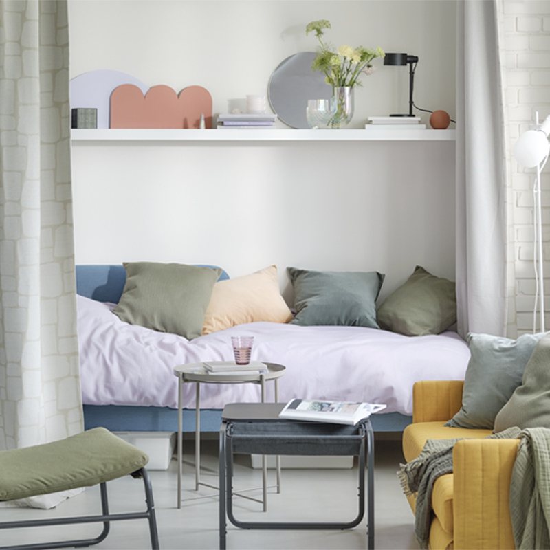 All-in-one environment with bed, wall shelves, EKET, LACK, GLADOM side table, SPIKSMED cabinet, BLASER mirror, and RAFFELBJÖRK tray.