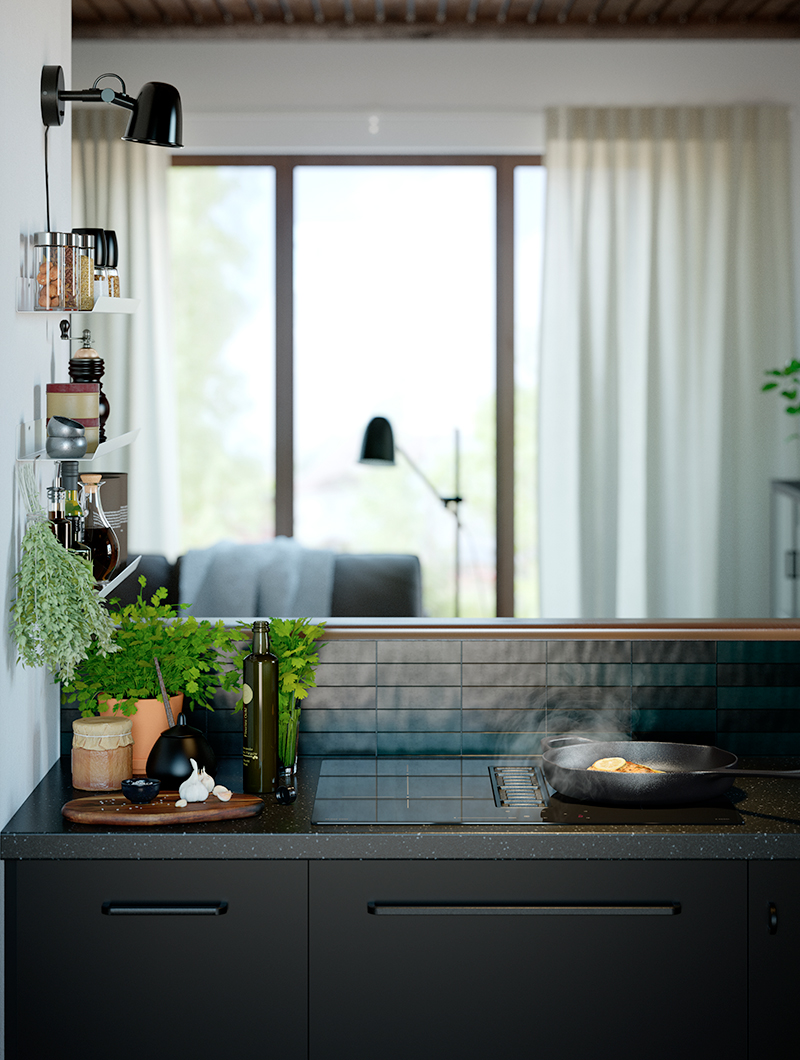 Dark kitchen with stove, plants, and white shelves, creating a cozy atmosphere. In the background, a living room is lit by large windows.