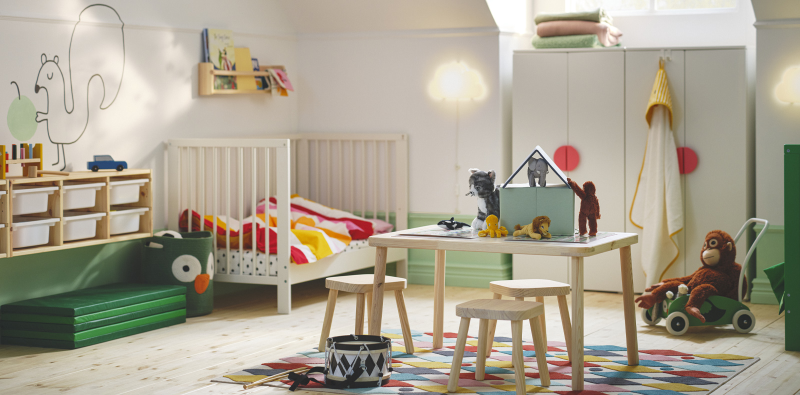 a colourful room with flexible furniture