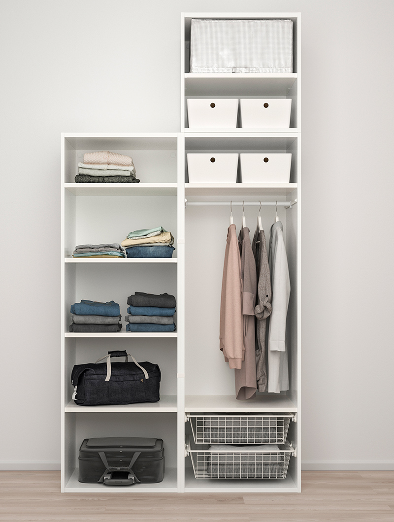 A PLATSA wardrobe with KUGGIS storage boxes and BUMERANG hangers.