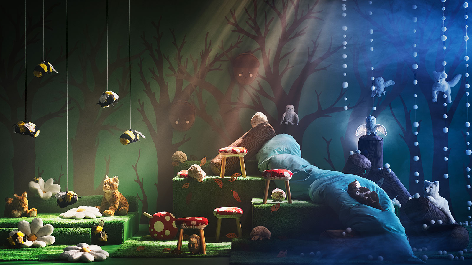 Stuffed animals and flowers in a magical lit forest. Fairy tale and nature atmosphere.