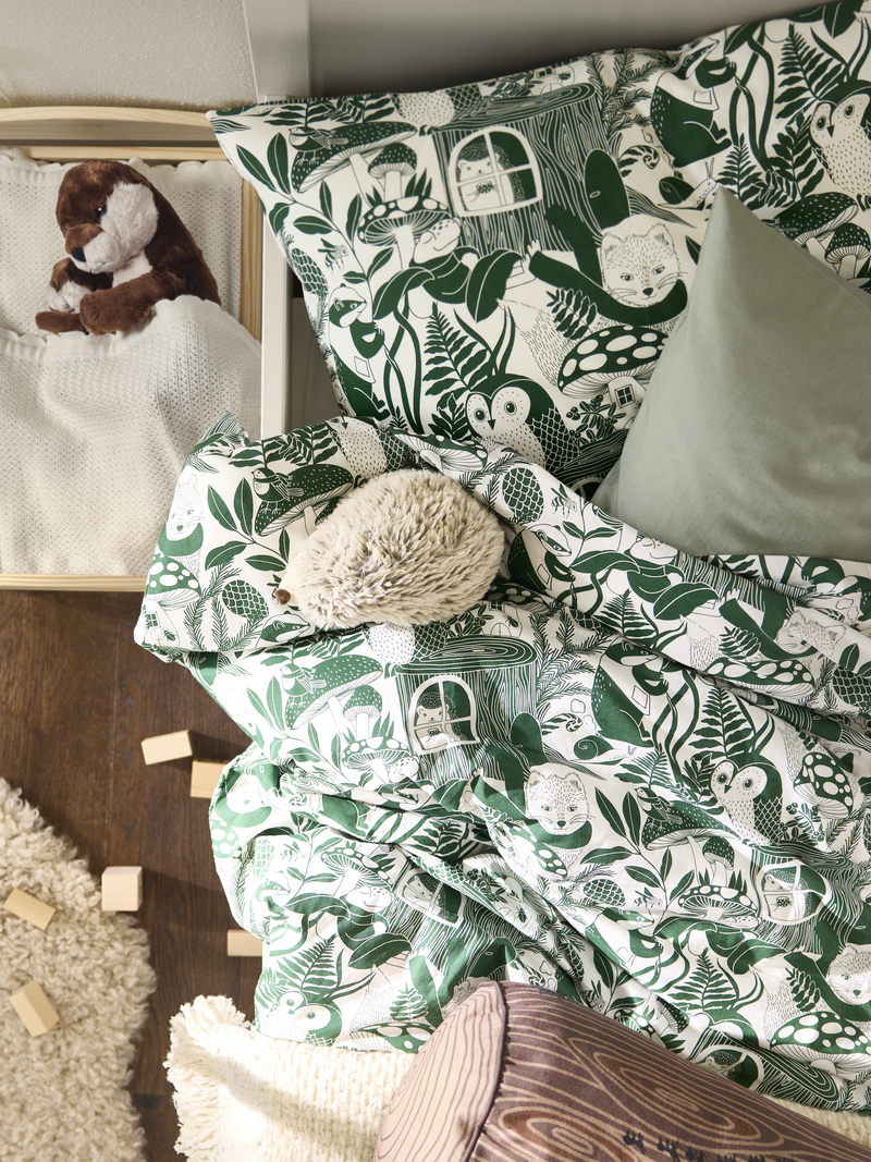 SKOGSDUVA Funda edredón y funda almohada para cama individual, blanco verde / bosque