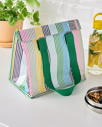 Bolsa de almuerzo a rayas, planta en maceta, botella de agua con limón y recipiente de frutos secos/bayas en encimera blanca.