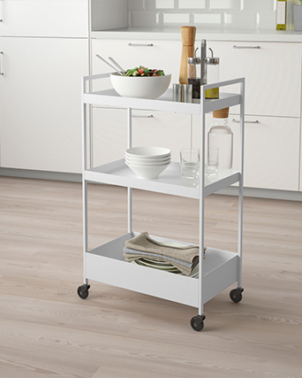 White utility kitchen cart with straight edges.