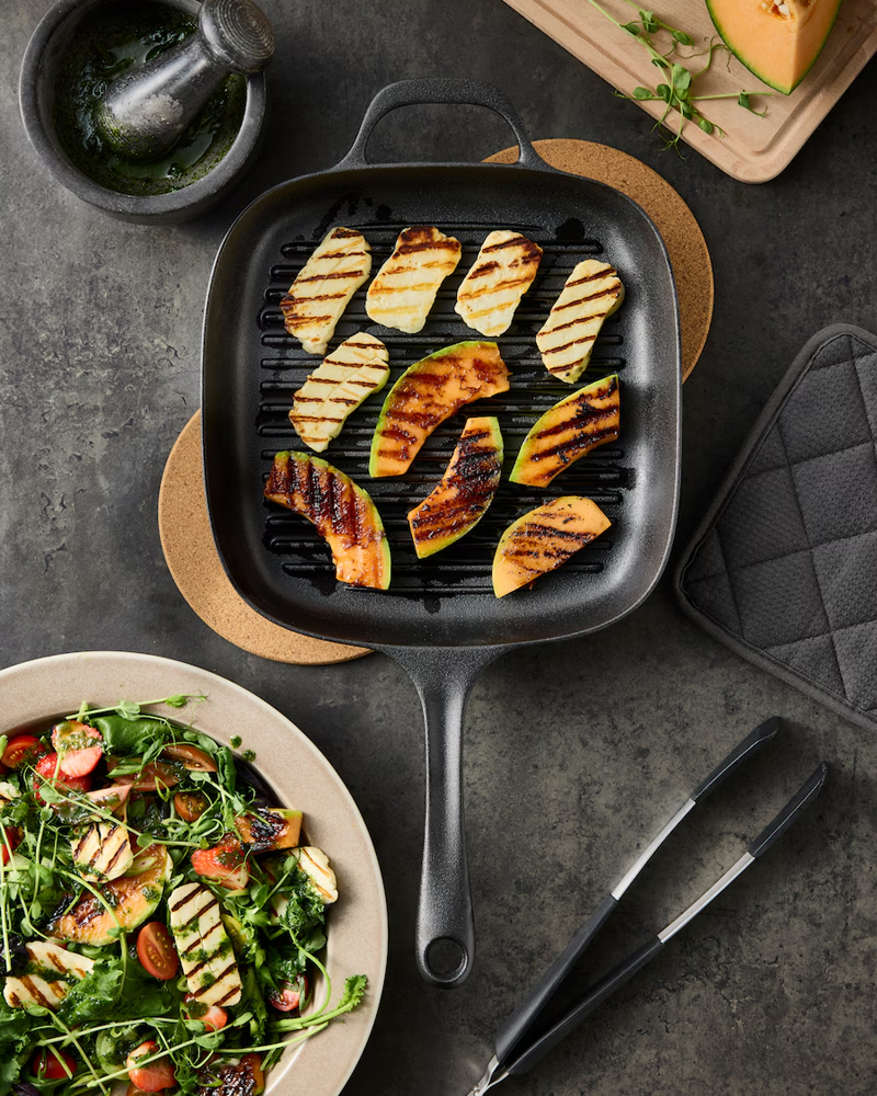 A grill pan is a frying pan with raised ridges on the surface