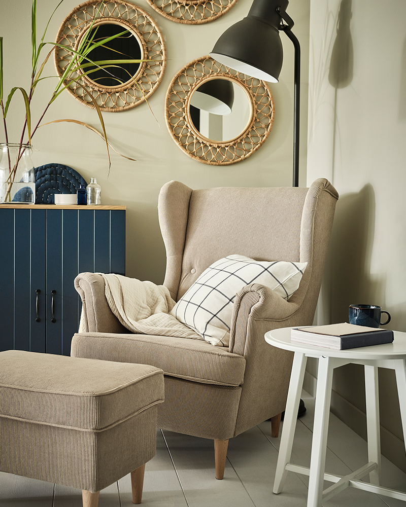  STRANDMON Slipcover for armchair/footstool and GRINSBOL Mirror
