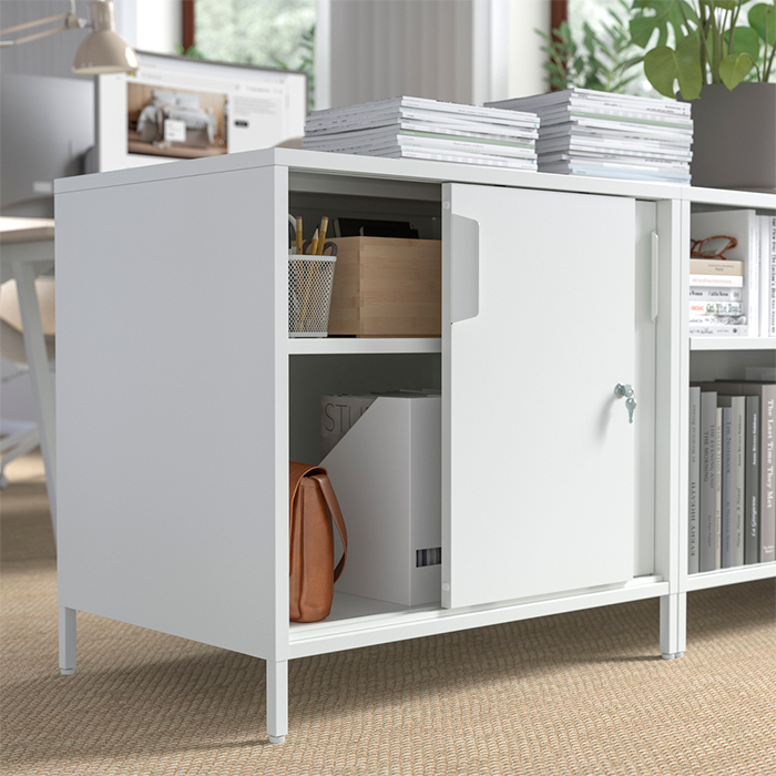White office storage unit with open shelves and a lockable door, perfect for keeping documents and everyday items organized in your workspace.