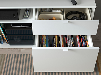 TV bench with open shelves and drawers, making it easy to organize remotes, headphones, and your movie collection in the living room.