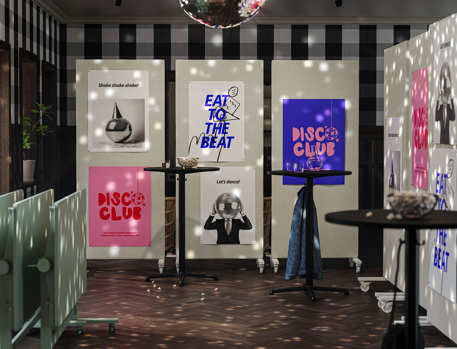 An office break room with a disco ball, where MITTZON frames create a closed-off space with foldable tables on the side.
