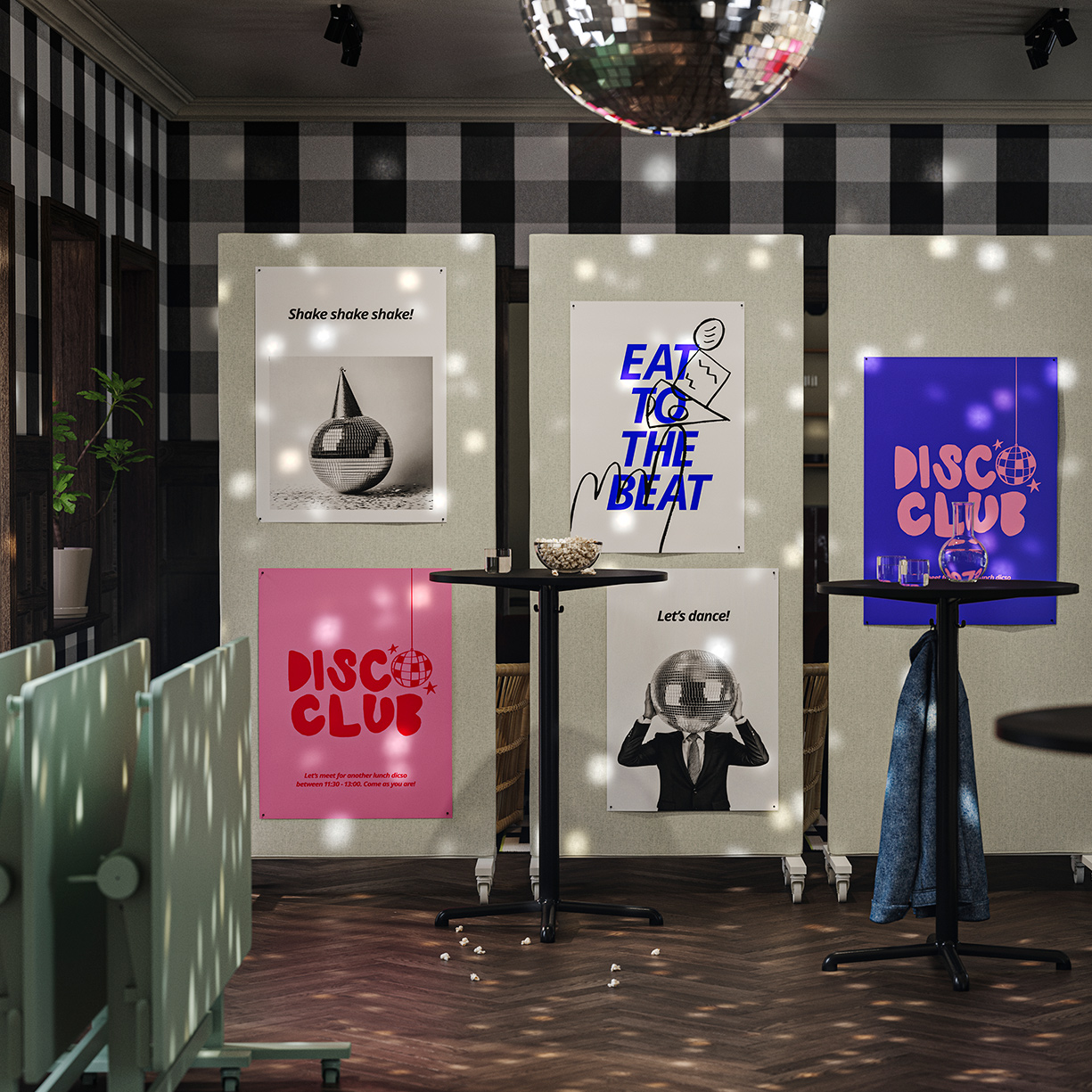 An office break room with a disco ball, where MITTZON frames create a closed-off space with foldable tables on the side.