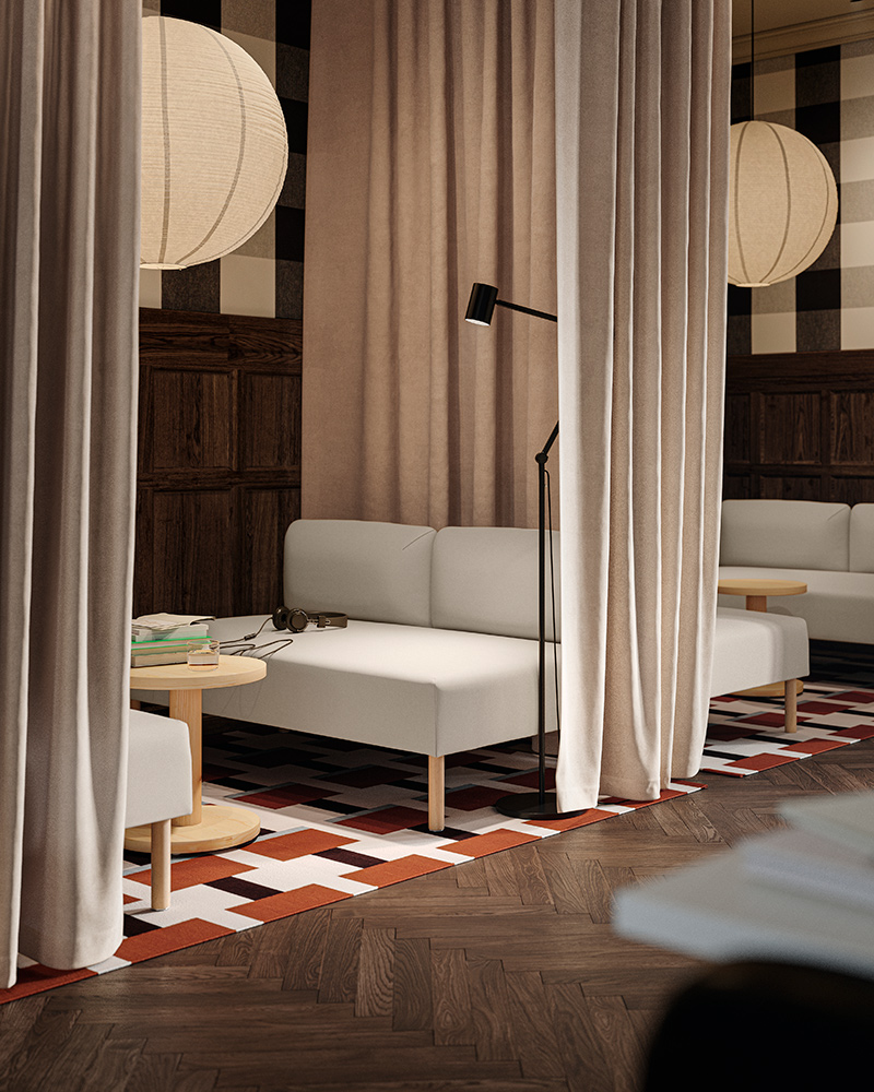 A break room with four beige/wood LILLEHEM sofas, two geometric rugs, and beige SANELA curtains closing off the space.