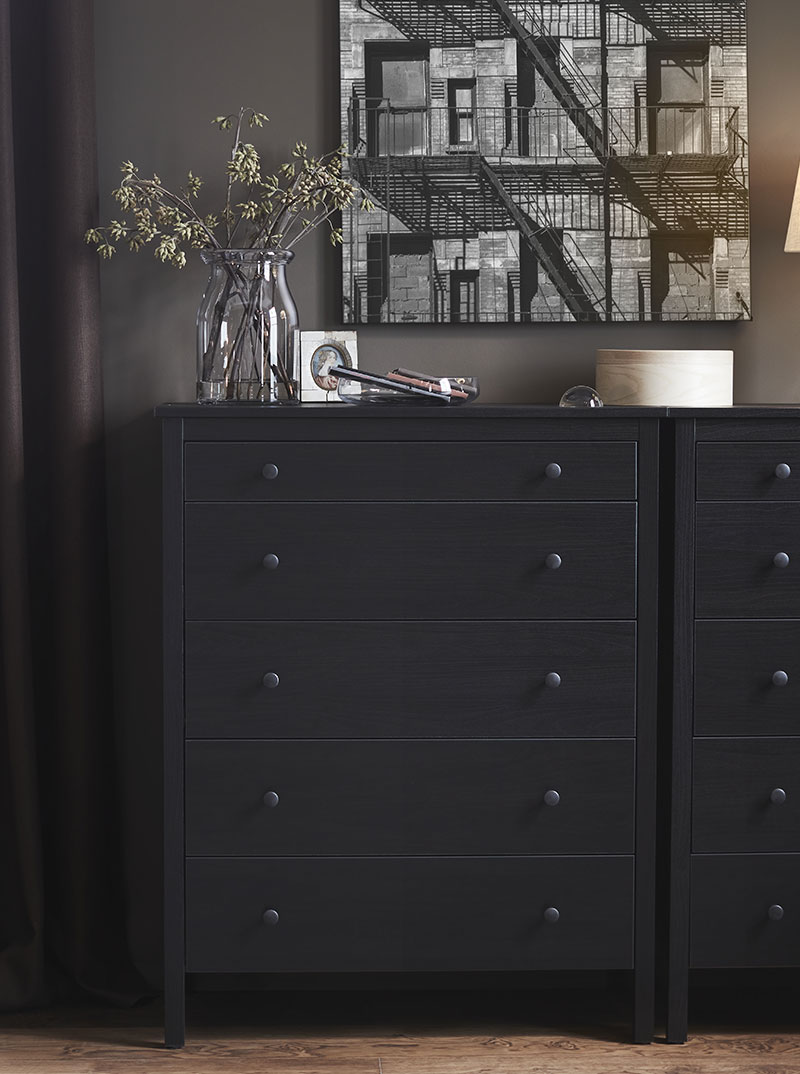 Chest of 5 black drawers, has a vase with flowers, in a modern style environment with a vintage painting.