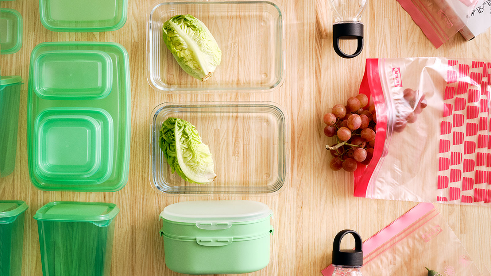 A montage of PRUTA sandwich containers, PRUTA food containers, UTBJUDA stackable lunchbox and IKEA 365+ food containers.